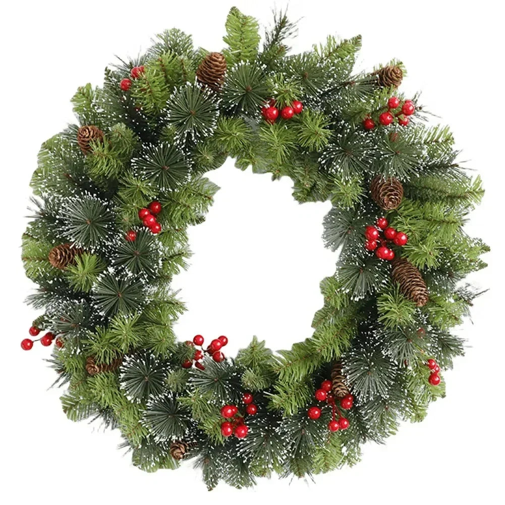 Pre-Lit Christmas Wreath with Pine Foliage, Red Berries, and Cones