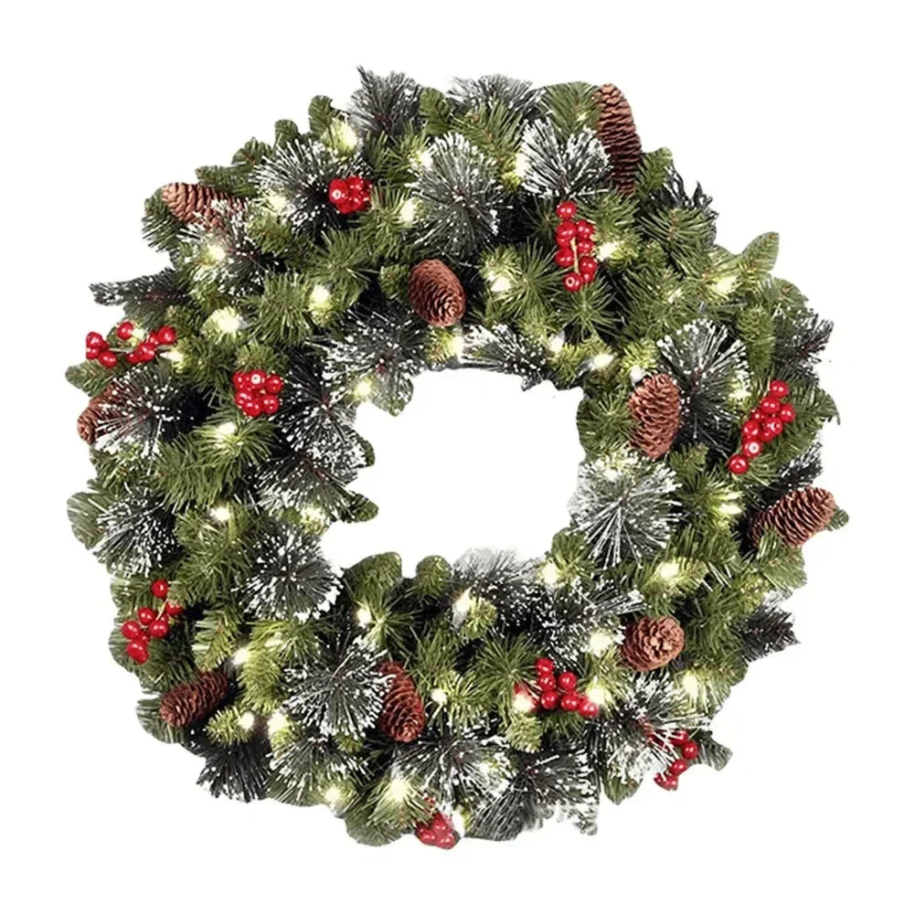 Pre-Lit Christmas Wreath with Pine Foliage, Red Berries, and Cones