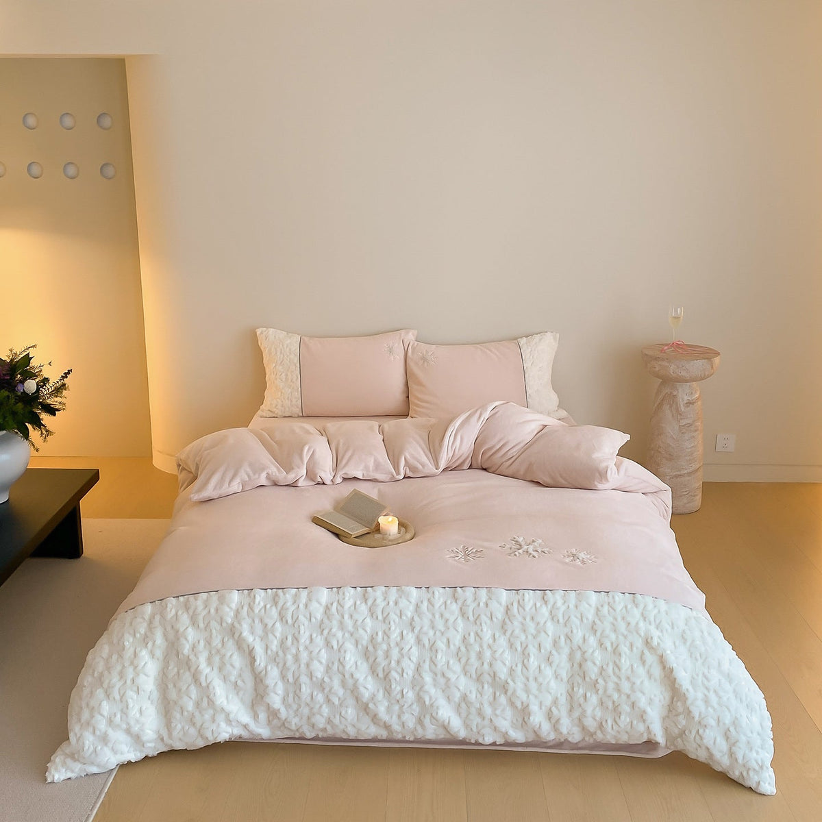 Reversible Bedding Set with Sherpa Quilting and Snowflake Embroidery