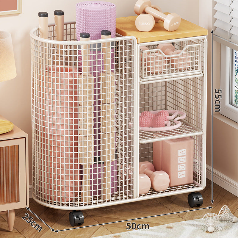 Rolling Mesh Fitness and Yoga Equipment Storage Cart with Tall Curved Mat Compartment and Sliding Drawer