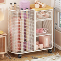 Rolling Mesh Fitness and Yoga Equipment Storage Cart with Tall Curved Mat Compartment and Sliding Drawer