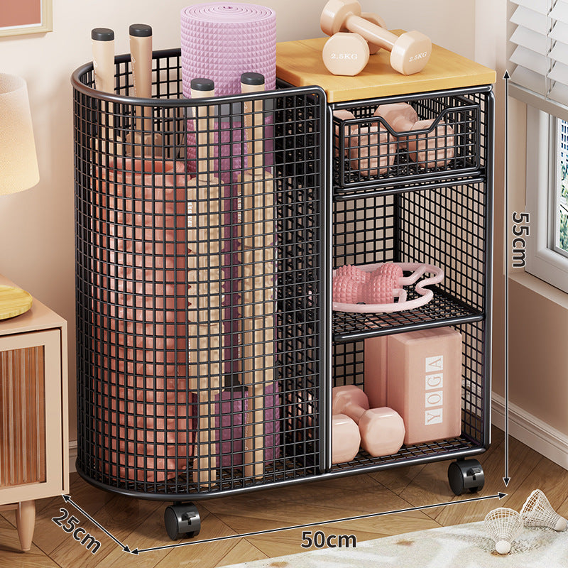 Rolling Mesh Fitness and Yoga Equipment Storage Cart with Tall Curved Mat Compartment and Sliding Drawer