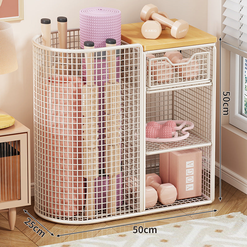 Rolling Mesh Fitness and Yoga Equipment Storage Cart with Tall Curved Mat Compartment and Sliding Drawer