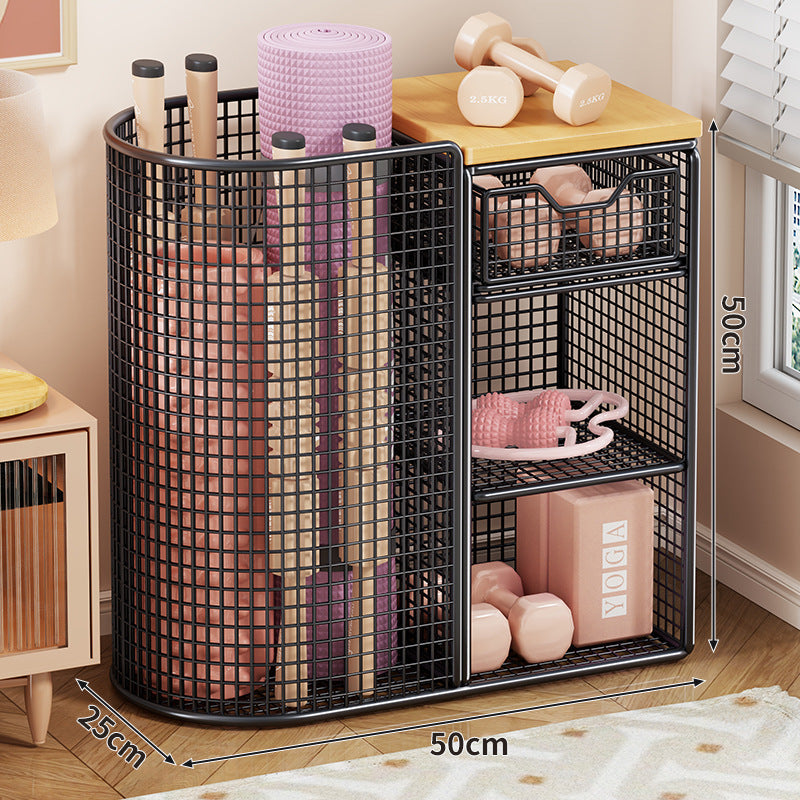 Rolling Mesh Fitness and Yoga Equipment Storage Cart with Tall Curved Mat Compartment and Sliding Drawer