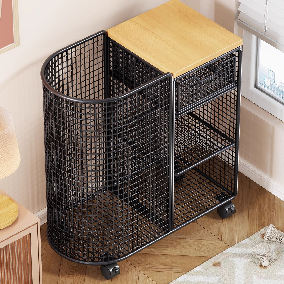 Rolling Mesh Fitness and Yoga Equipment Storage Cart with Tall Curved Mat Compartment and Sliding Drawer