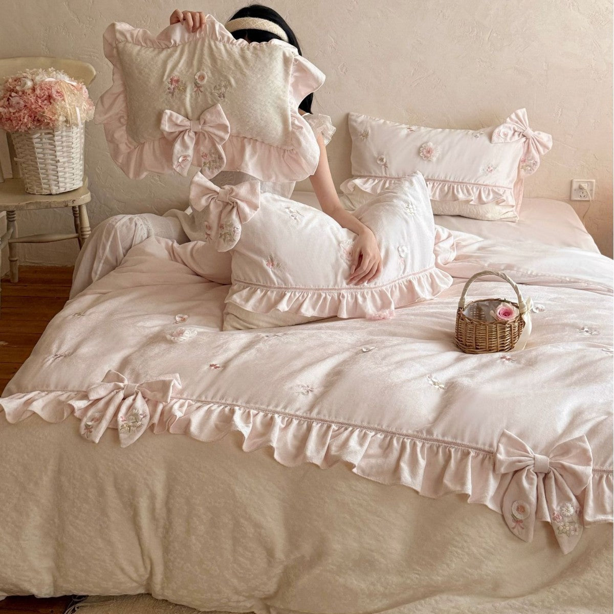 Romantic Bedding Set with Ruffles, Bows, and Floral Embroidered Appliqués