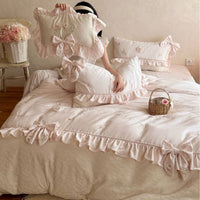 Romantic Bedding Set with Ruffles, Bows, and Floral Embroidered Appliqués