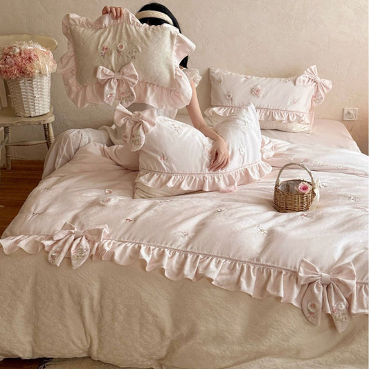 Romantic Bedding Set with Ruffles, Bows, and Floral Embroidered Appliqués