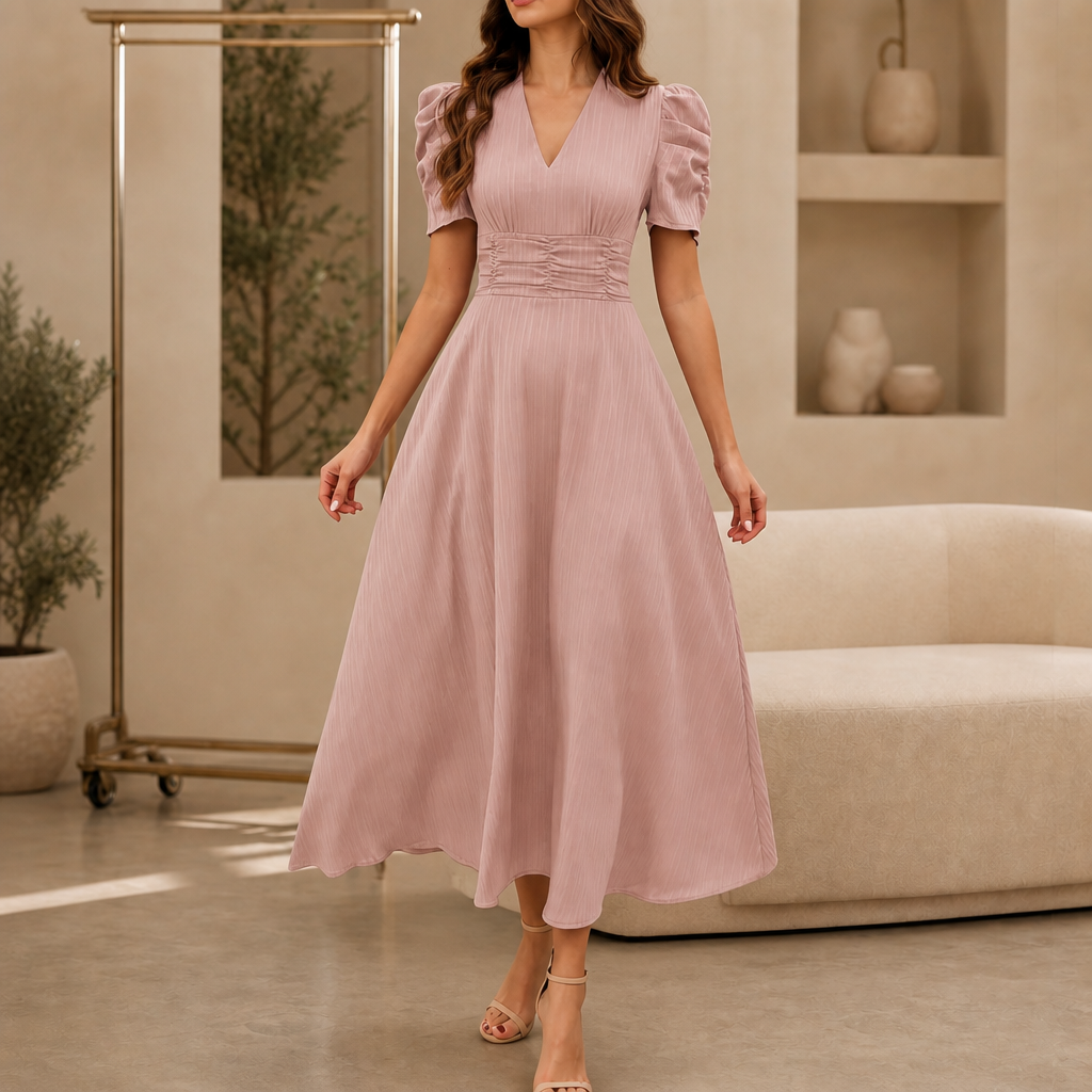 Ruched Waist Puff Sleeve V-Neck Midi Dress
