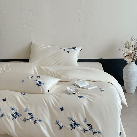 Satin Bedding Set with Blue Floral Embroidery