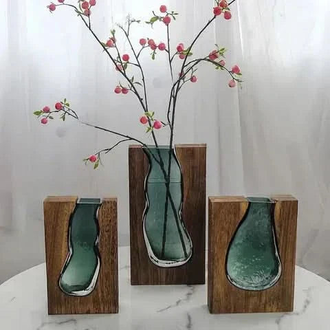 Scandinavian Glass Vase with Wooden Accent for Modern Interiors