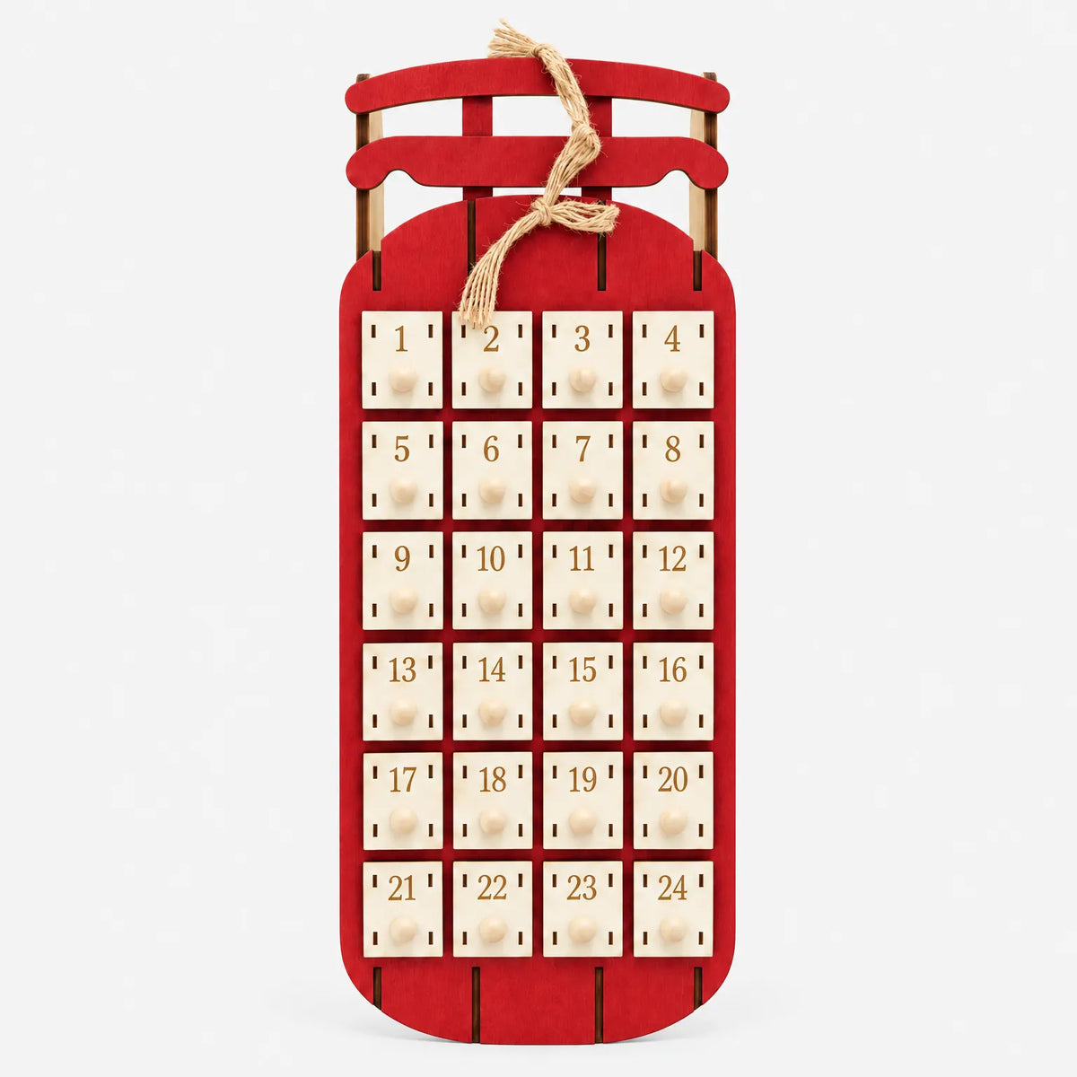 Sleigh-Shaped Wooden Advent Calendar – Reusable Wooden Sleigh with 24 Drawers to Fill and Hang