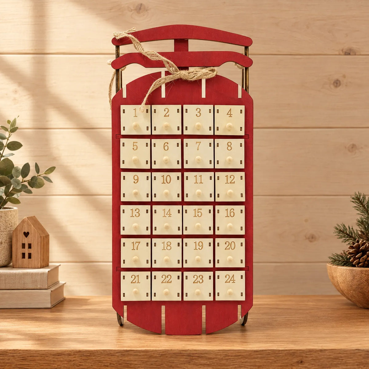 Sleigh-Shaped Wooden Advent Calendar – Reusable Wooden Sleigh with 24 Drawers to Fill and Hang