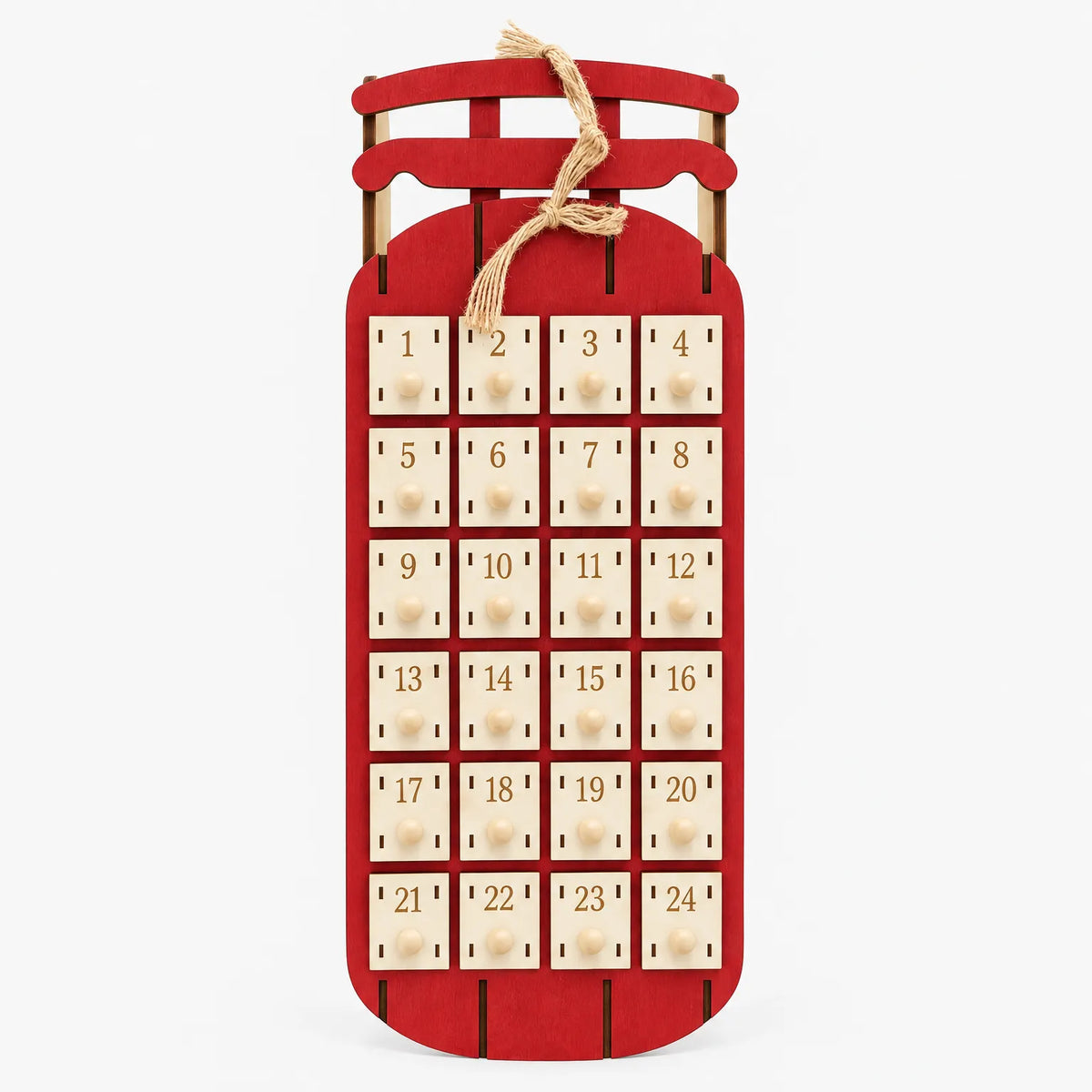 Sleigh-Shaped Wooden Advent Calendar – Reusable Wooden Sleigh with 24 Drawers to Fill and Hang