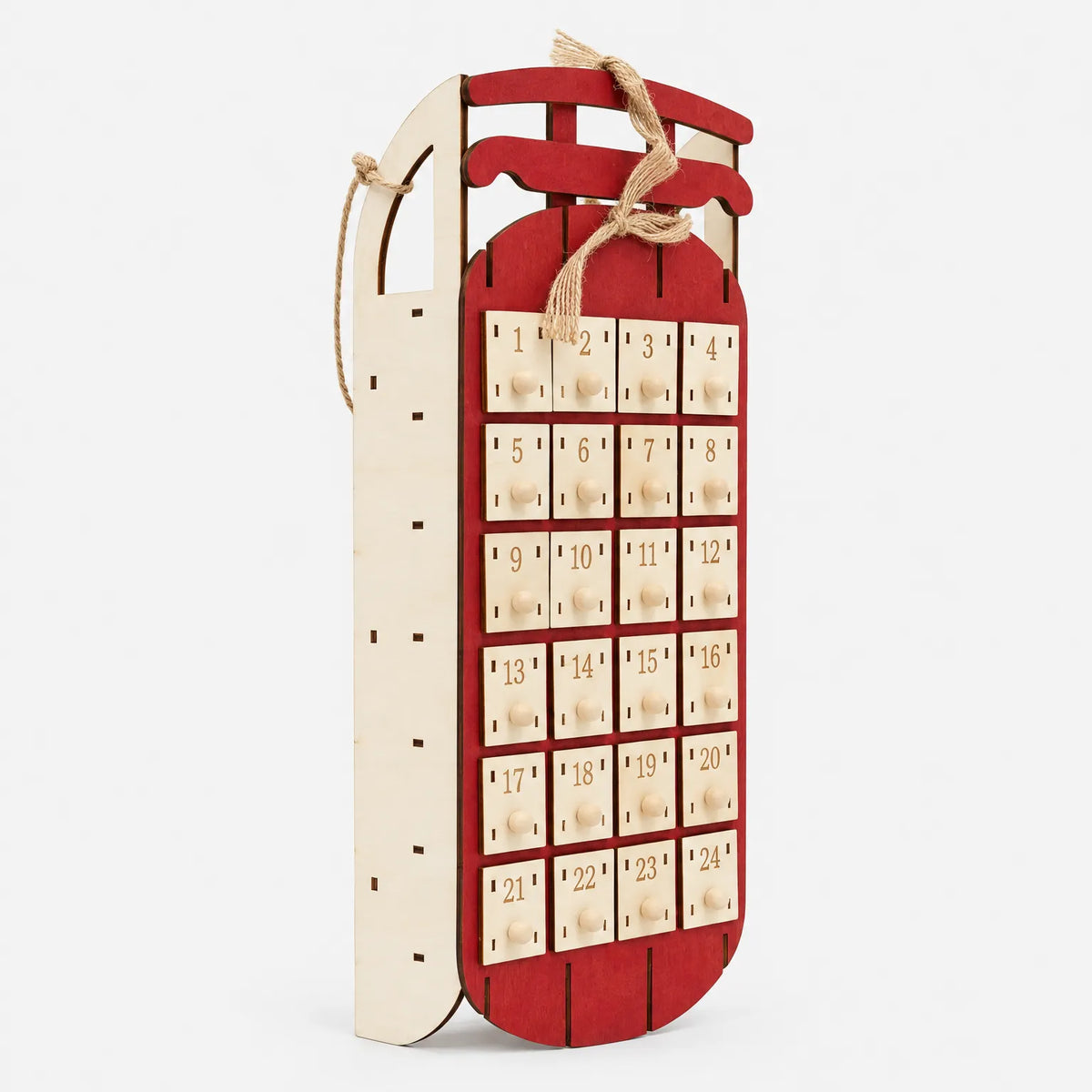 Sleigh-Shaped Wooden Advent Calendar – Reusable Wooden Sleigh with 24 Drawers to Fill and Hang