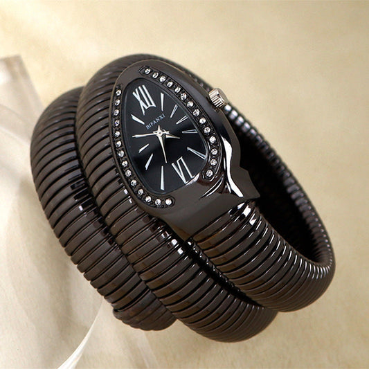 Snake-Style Quartz Watch with Stainless Steel Bracelet and Oval Dial