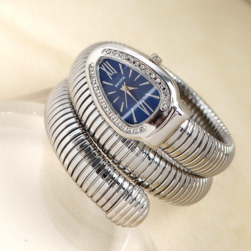 Snake-Style Quartz Watch with Stainless Steel Bracelet and Oval Dial