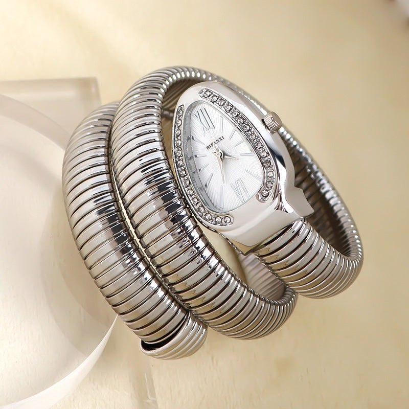 Snake-Style Quartz Watch with Stainless Steel Bracelet and Oval Dial