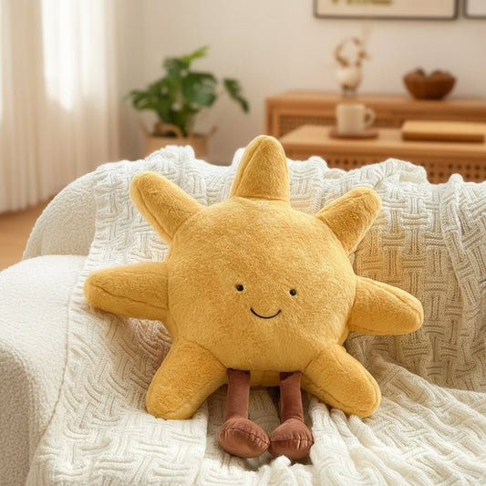Sun and Moon Plush Decorative Throw Pillow with Fuzzy Fabric and Embroidered Smiling Face