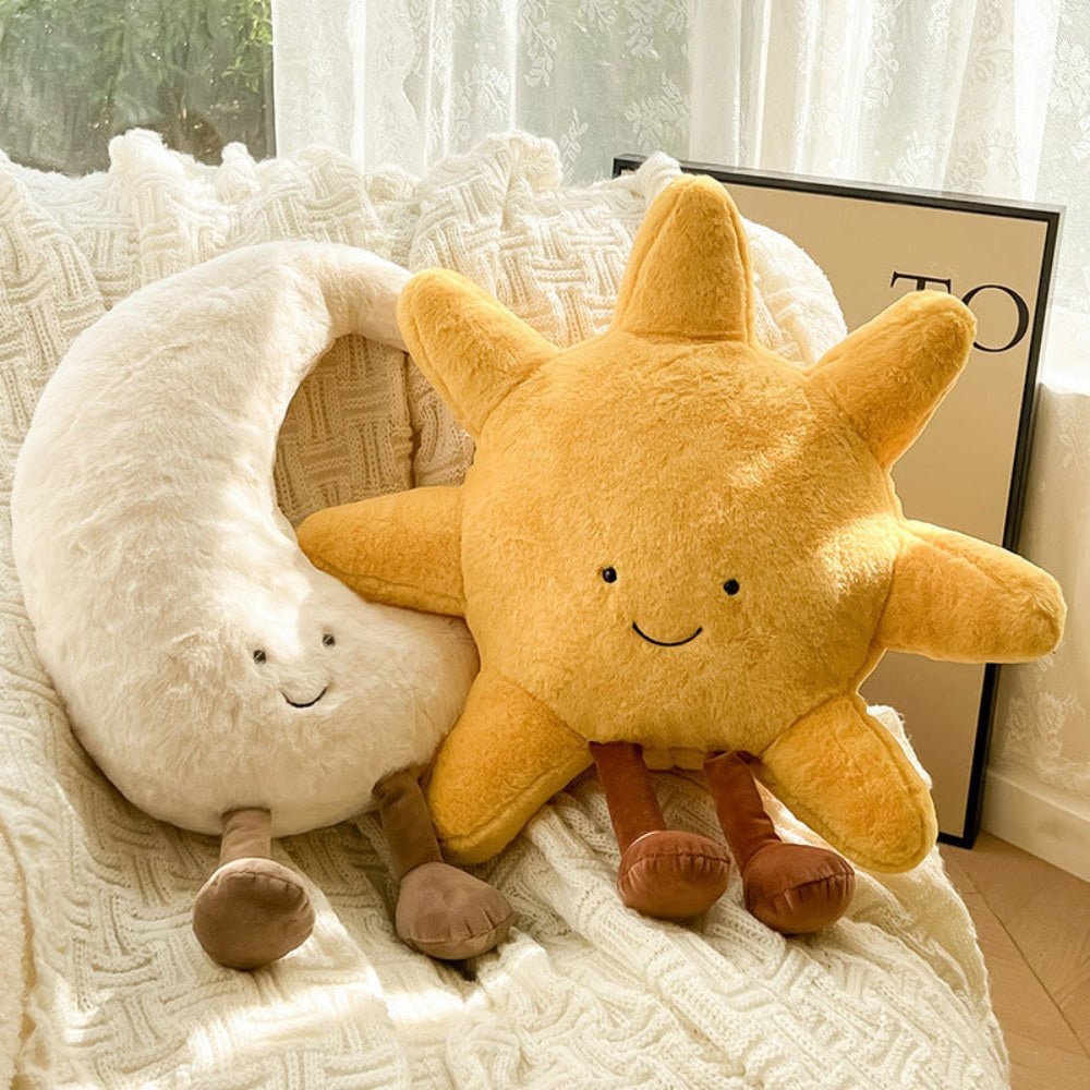 Sun and Moon Plush Decorative Throw Pillow with Fuzzy Fabric and Embroidered Smiling Face