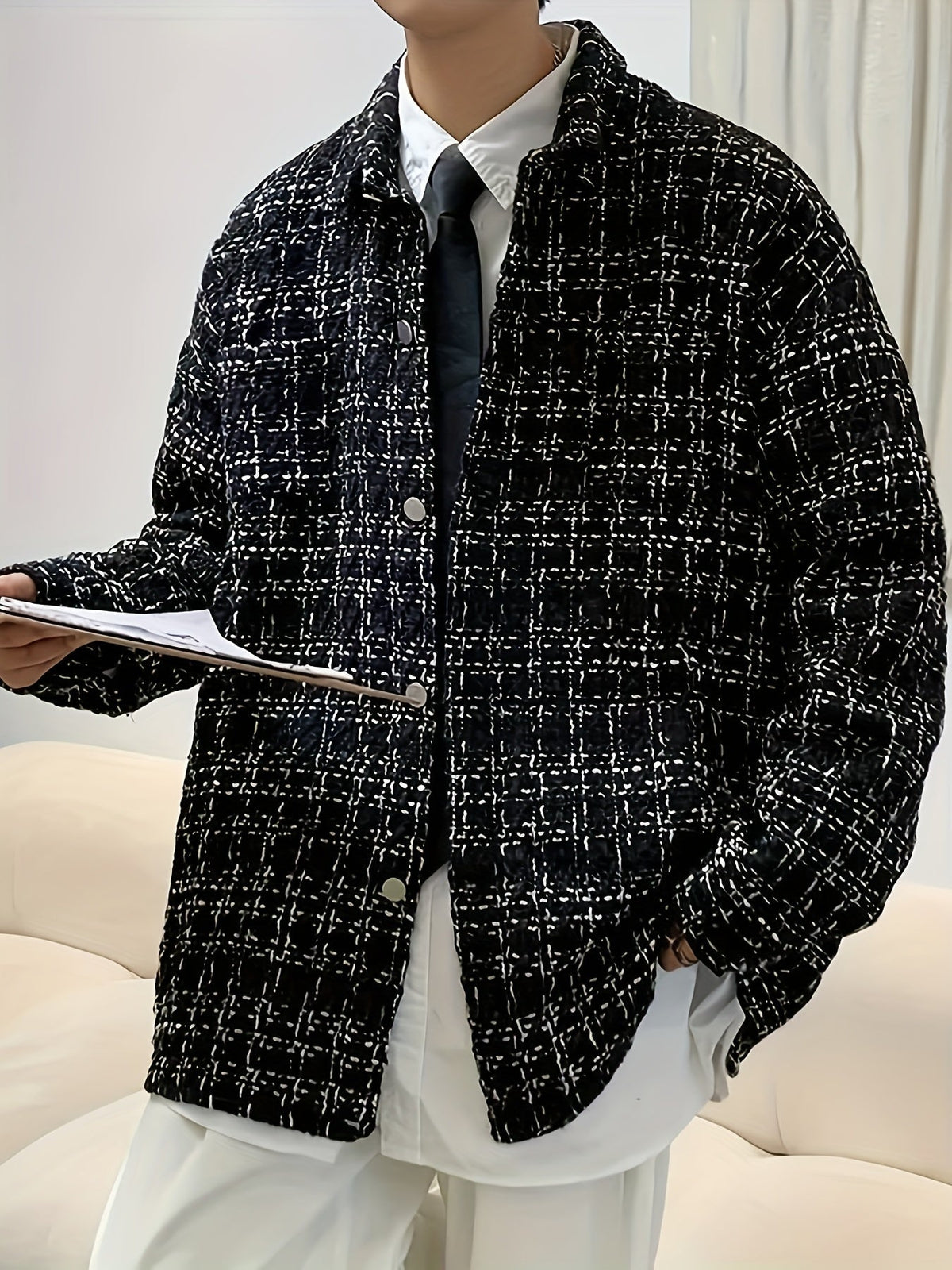 Textured Plaid Shirt Jacket