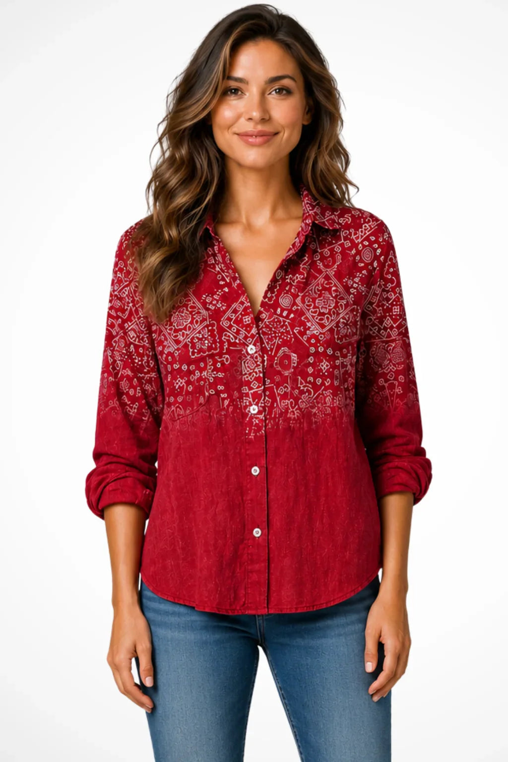 Women's Bandana Print Long-Sleeved Collared Button-Up Shirt