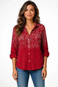 Women's Bandana Print Long-Sleeved Collared Button-Up Shirt