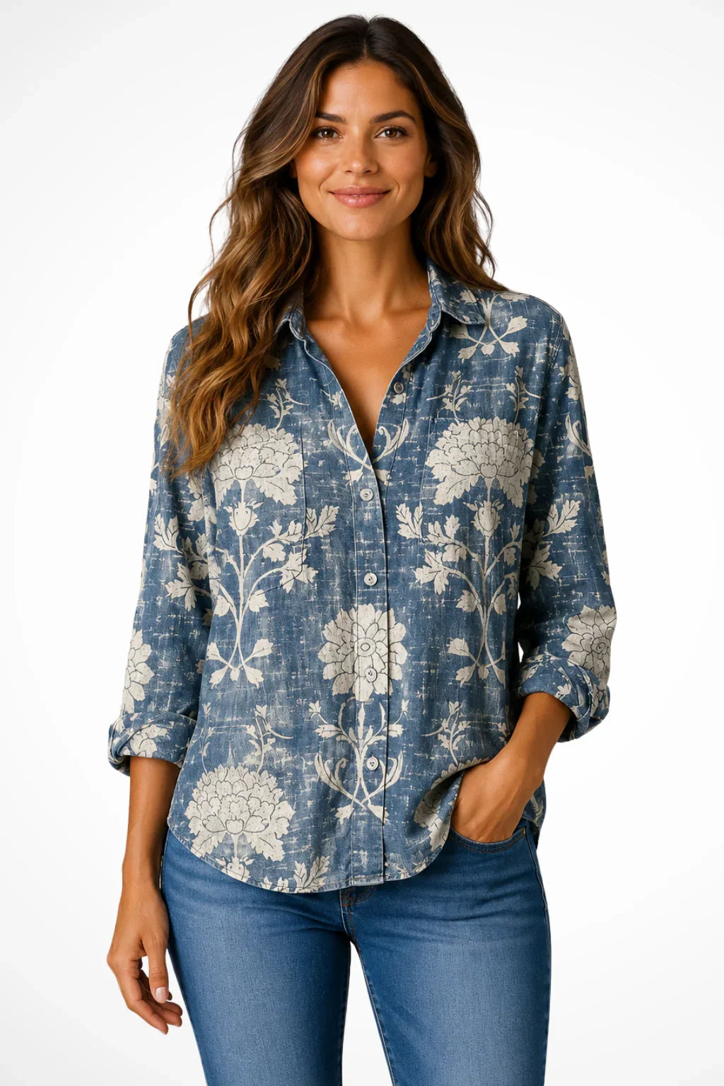 Women's Bandana Print Long-Sleeved Collared Button-Up Shirt