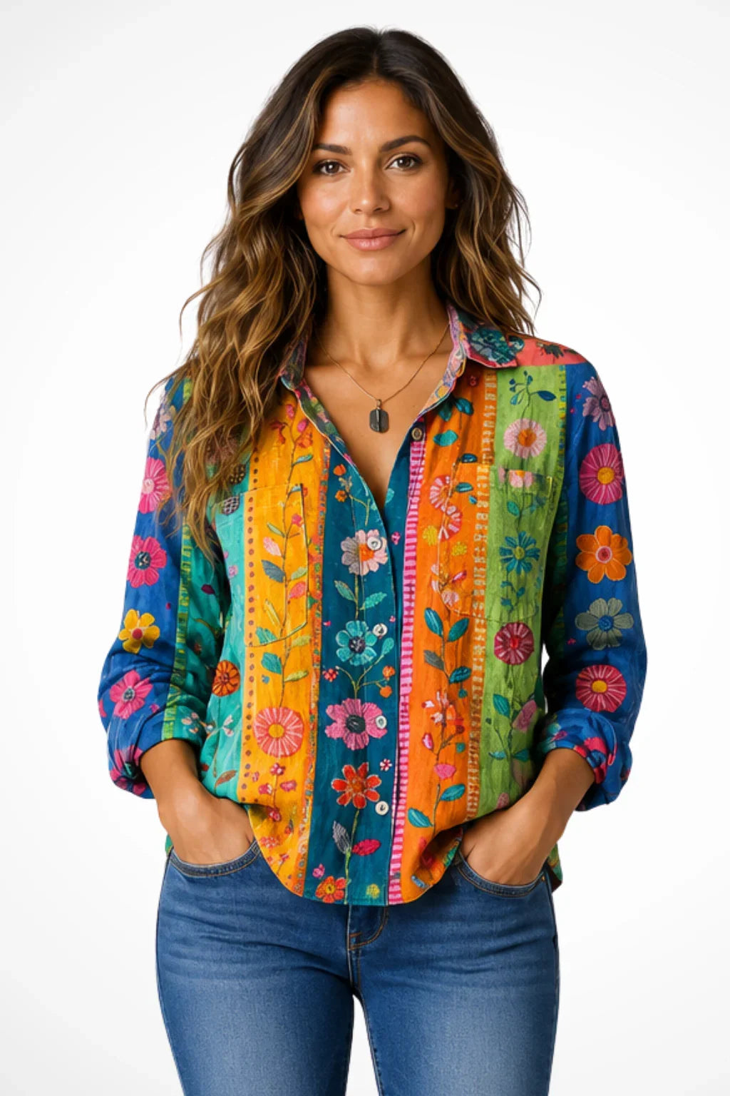 Women's Bandana Print Long-Sleeved Collared Button-Up Shirt