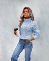 Women's Cable Knit Turtleneck Long-Sleeve Pullover Sweater