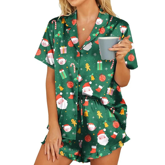 Women's Christmas Pajamas - Satin Set with Ruffles and Festive Print