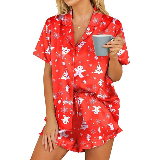 Women's Christmas Pajamas - Satin Set with Ruffles and Festive Print