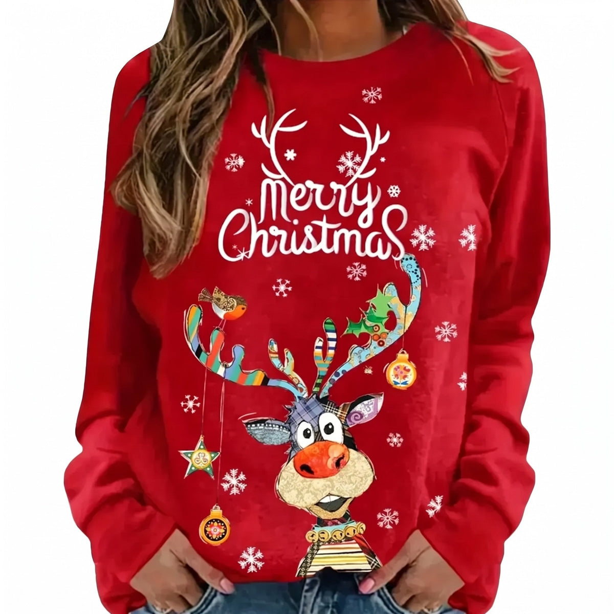 Women's Christmas Sweatshirt with Cheerful Reindeer and Festive Print