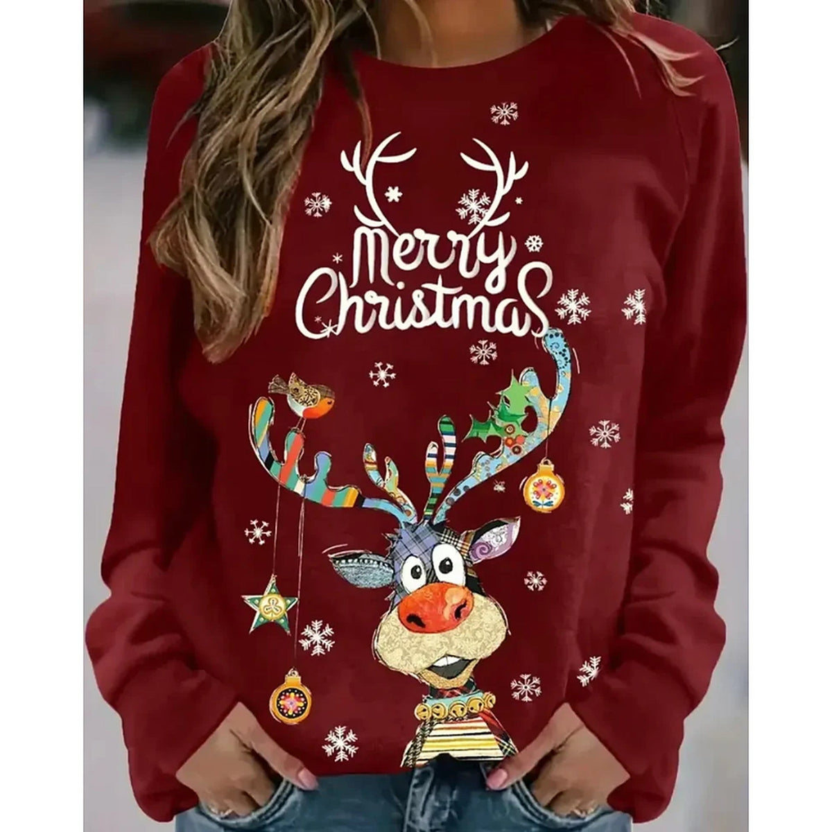 Women's Christmas Sweatshirt with Cheerful Reindeer and Festive Print