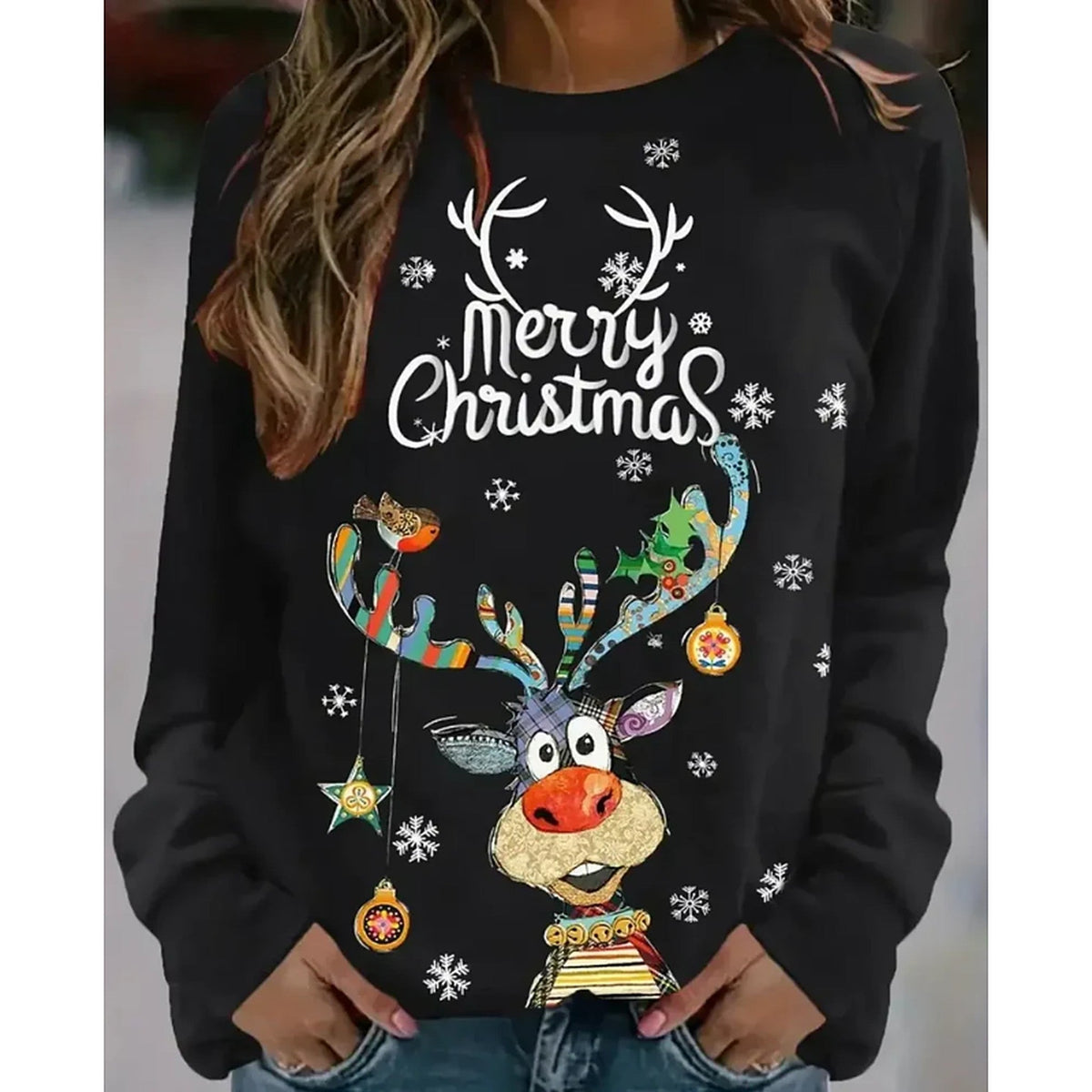 Women's Christmas Sweatshirt with Cheerful Reindeer and Festive Print