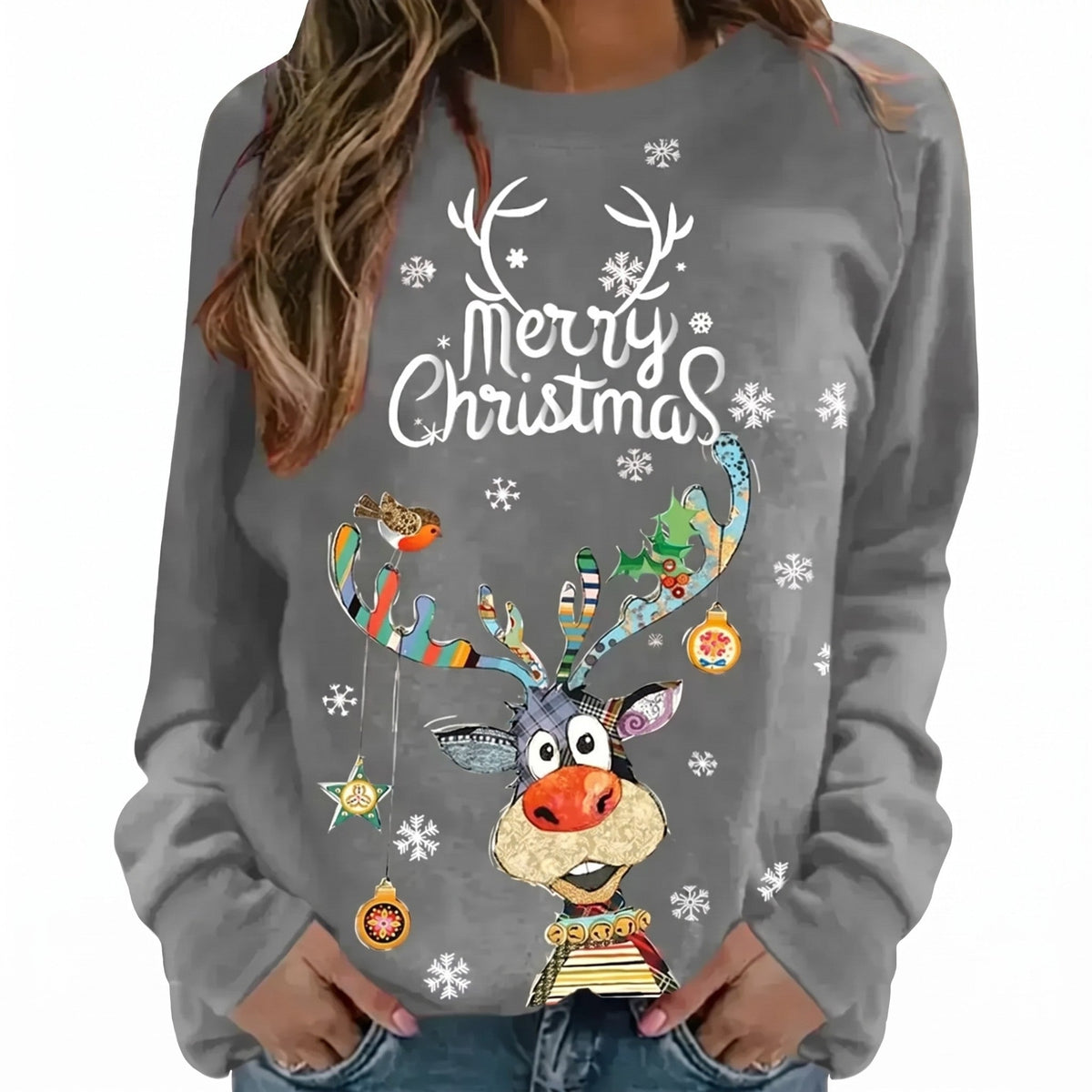 Women's Christmas Sweatshirt with Cheerful Reindeer and Festive Print