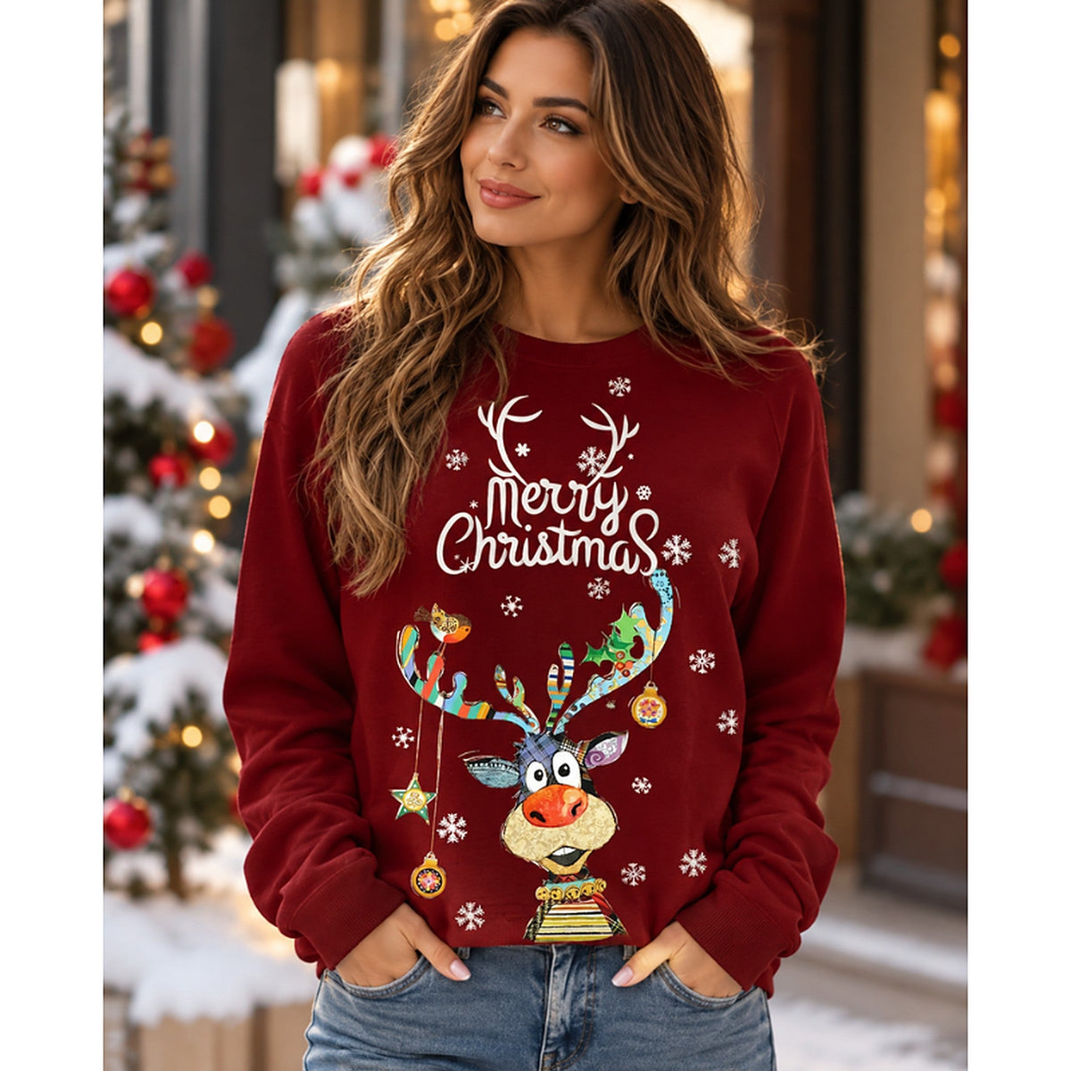 Women's Christmas Sweatshirt with Cheerful Reindeer and Festive Print