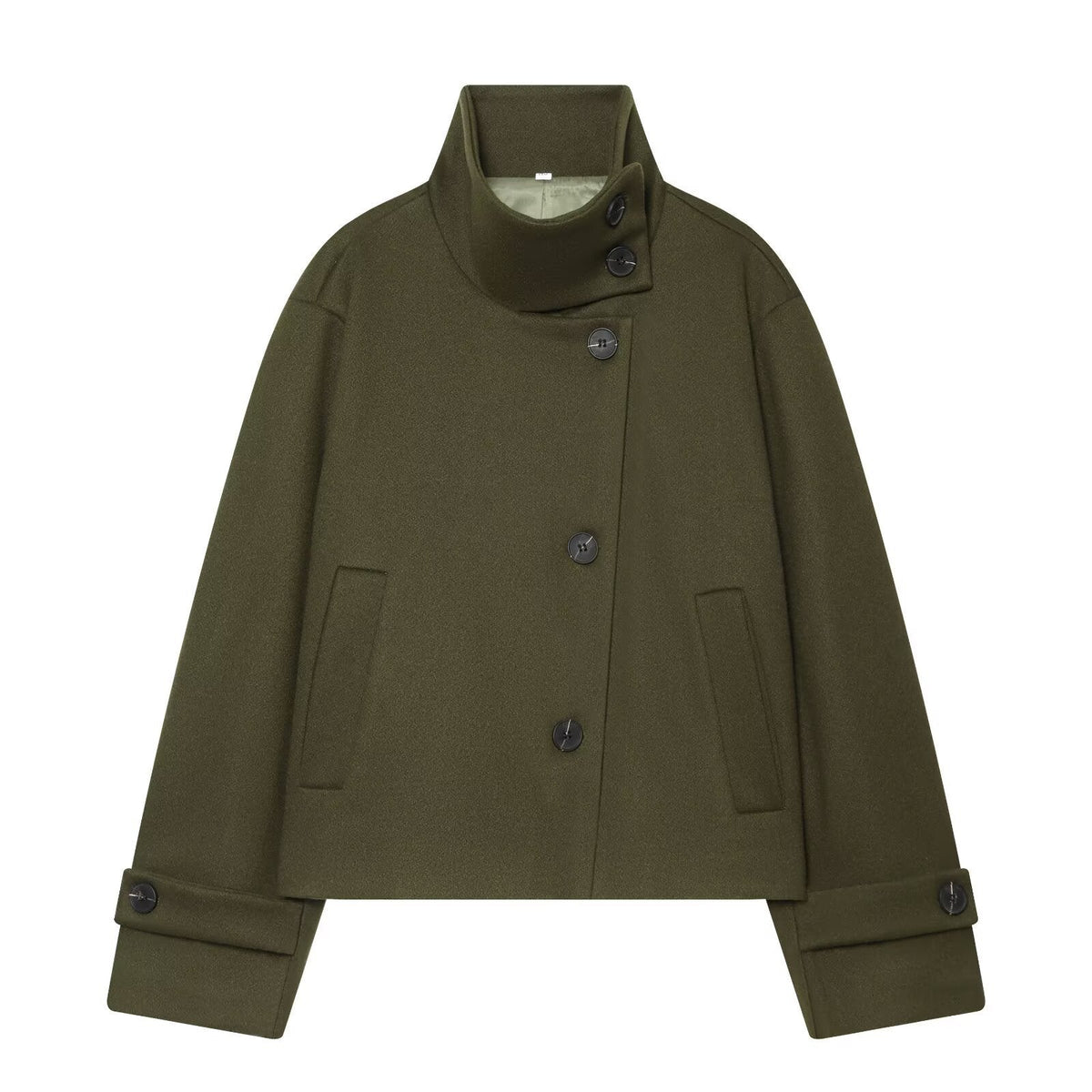 Women's Cropped Wool Coat with High Stand Collar, Button Cuffs and Pockets