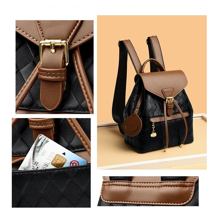 Women's Diamond Quilted Faux Leather Mini Backpack with Drawstring Closure