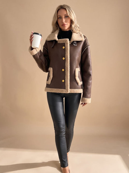 Women's Faux Leather Sherpa-Lined Button-Front Aviator Jacket