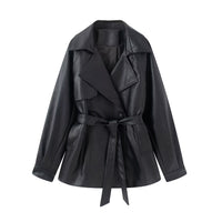 Women's Fitted Faux-Leather Trench Coat with Wide Lapels and Tie Belt