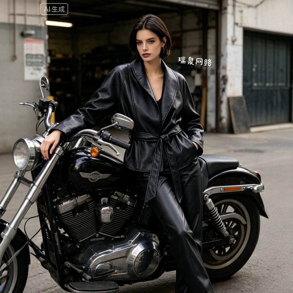 Women's Fitted Faux-Leather Trench Coat with Wide Lapels and Tie Belt