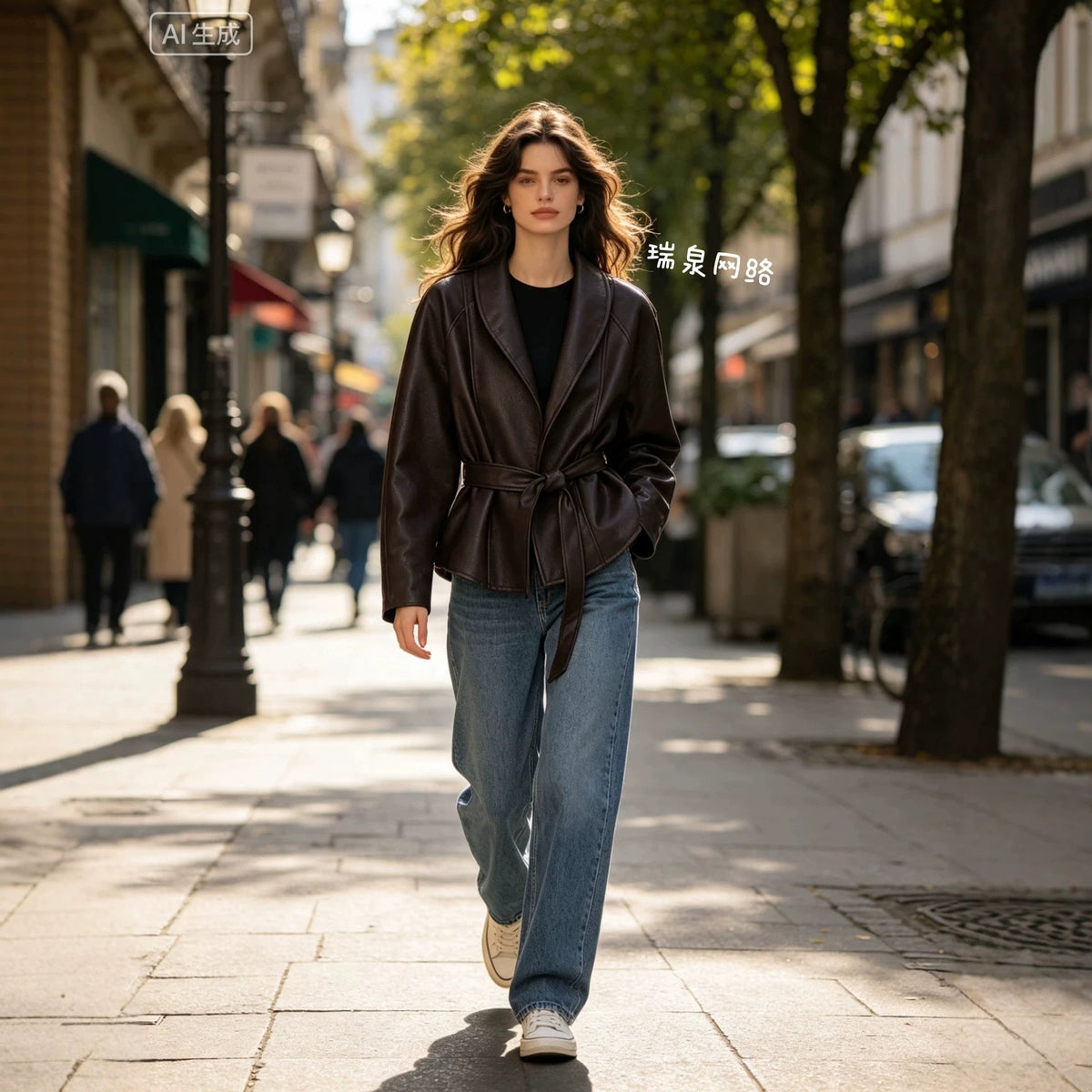 Women's Fitted Faux-Leather Trench Coat with Wide Lapels and Tie Belt