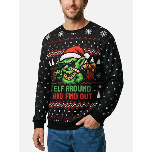 Women's Funny Ugly Christmas Crew Neck Sweater with Fair Isle and Goblin Graphic