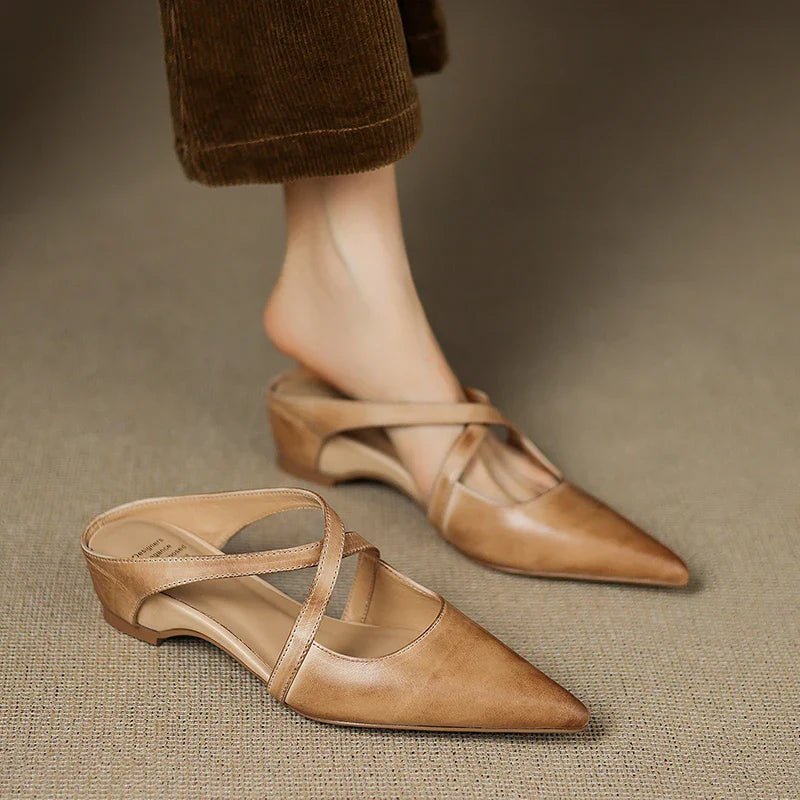 Women's Genuine Leather Pointed-Toe Cross-Strap Mules