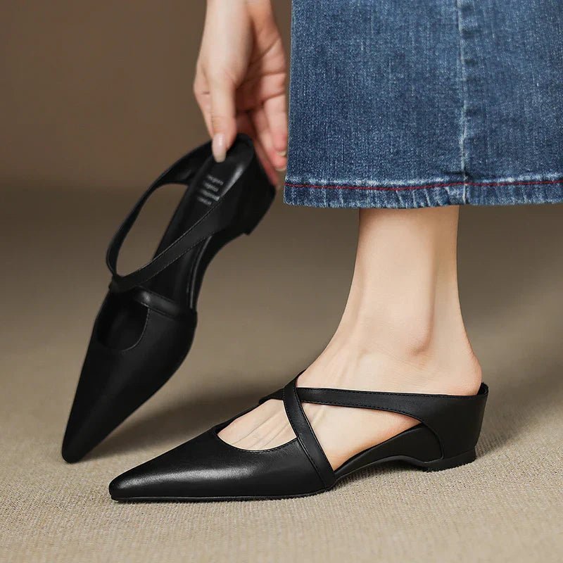 Women's Genuine Leather Pointed-Toe Cross-Strap Mules