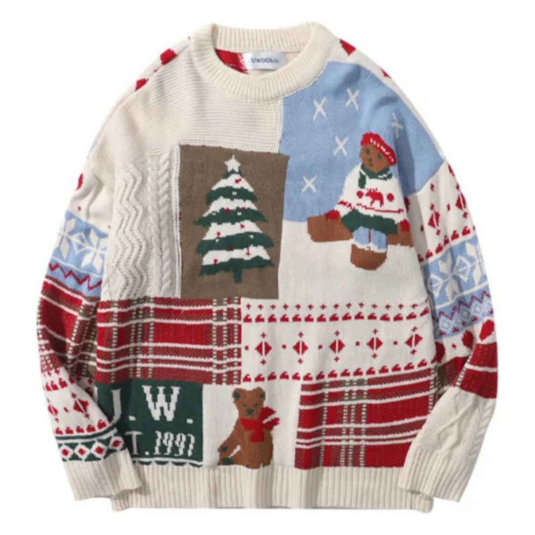 Women's Knitted Christmas Sweater with Bear Pattern, Cozy Knit Jumper