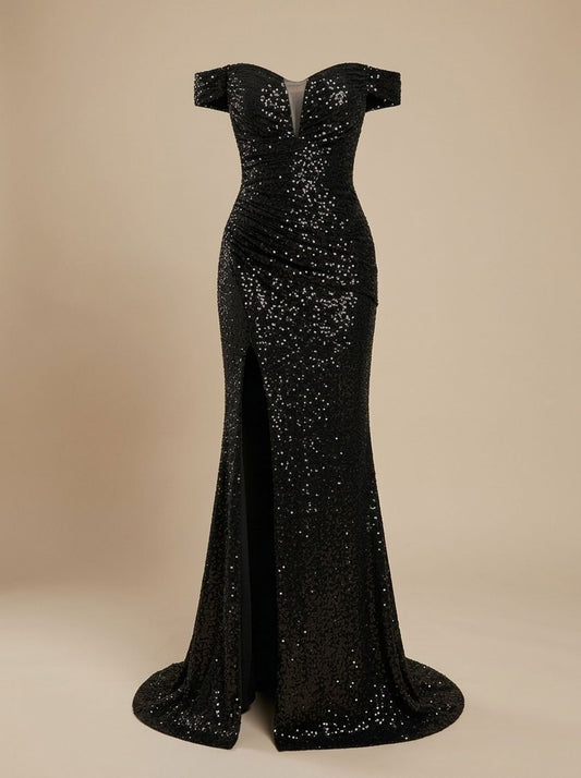 Women's Off-the-Shoulder Sequin Maxi Christmas Party Dress with Side Slit