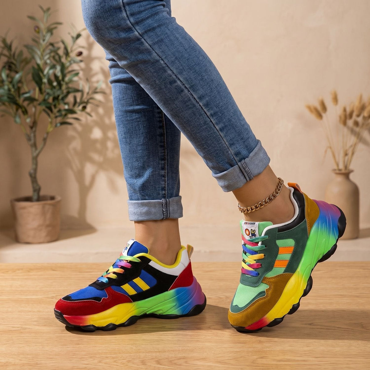 Women's Orthopedic Rainbow Chunky Lace-Up Sneakers