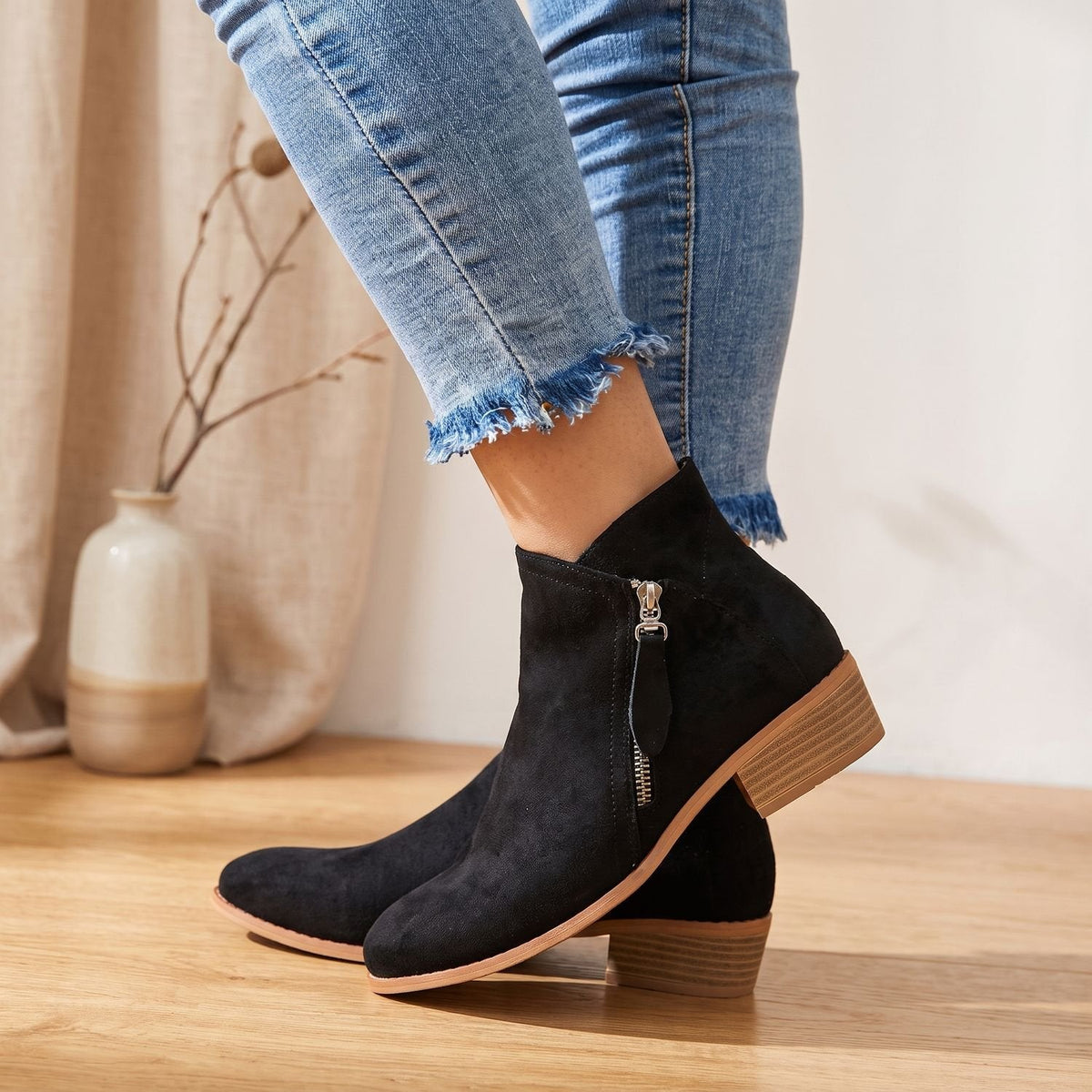 Women's Orthopedic Side-Zip Block-Heel Suede-Look Ankle Boots